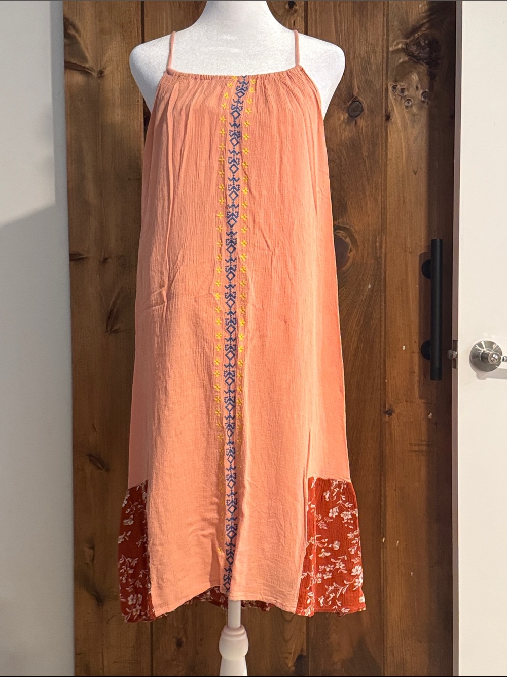 Hayden Peach Midi Dress with Rust Floral Panels
